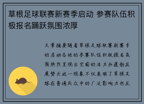 草根足球联赛新赛季启动 参赛队伍积极报名踊跃氛围浓厚