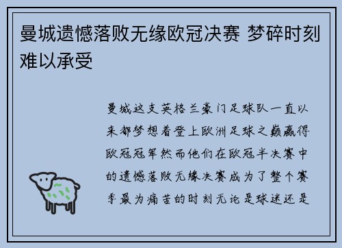 曼城遗憾落败无缘欧冠决赛 梦碎时刻难以承受