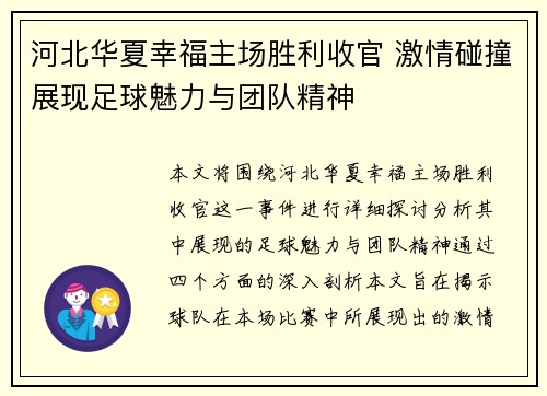 河北华夏幸福主场胜利收官 激情碰撞展现足球魅力与团队精神