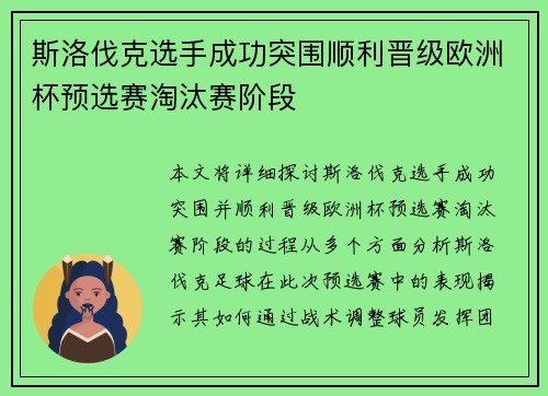 斯洛伐克选手成功突围顺利晋级欧洲杯预选赛淘汰赛阶段