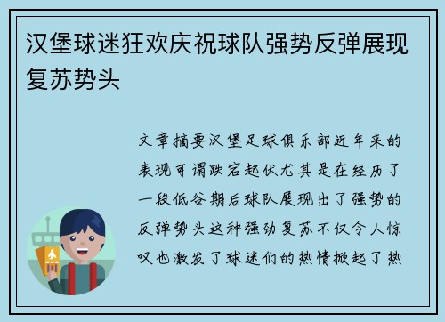 汉堡球迷狂欢庆祝球队强势反弹展现复苏势头