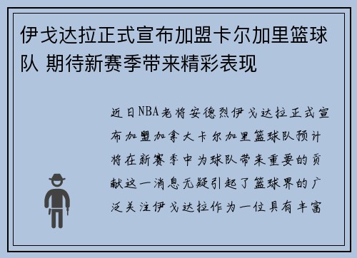 伊戈达拉正式宣布加盟卡尔加里篮球队 期待新赛季带来精彩表现