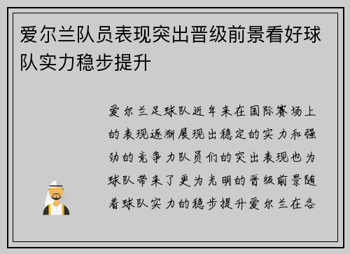 爱尔兰队员表现突出晋级前景看好球队实力稳步提升