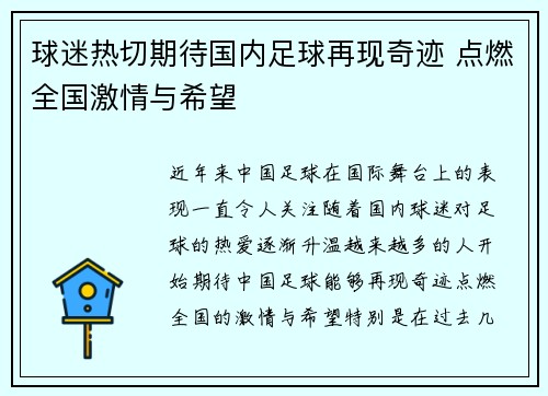 球迷热切期待国内足球再现奇迹 点燃全国激情与希望