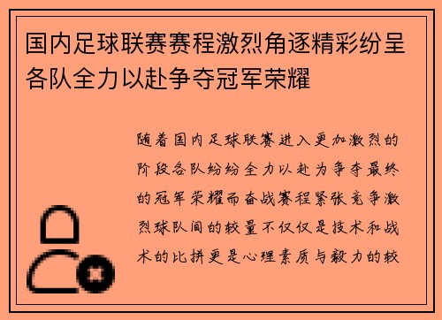 国内足球联赛赛程激烈角逐精彩纷呈各队全力以赴争夺冠军荣耀