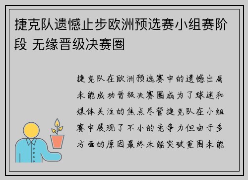 捷克队遗憾止步欧洲预选赛小组赛阶段 无缘晋级决赛圈
