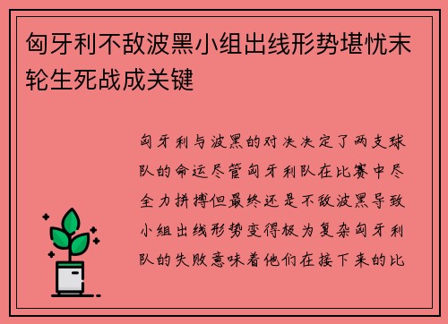 匈牙利不敌波黑小组出线形势堪忧末轮生死战成关键